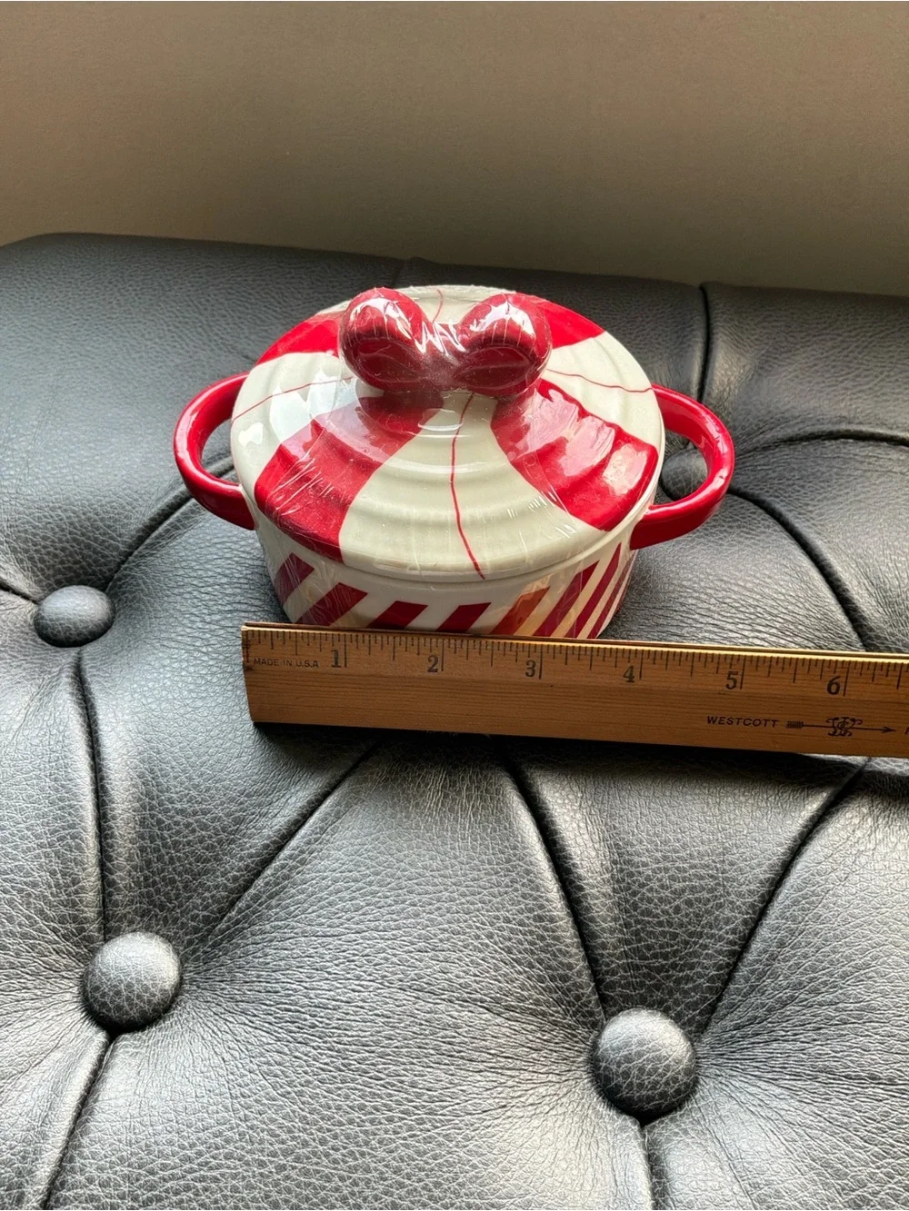 Red and White Ceramic Covered Mini Casserole with Dual Handles